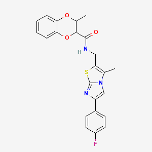 molecular formula C23H20FN3O3S B2931679 N-((6-(4-fluorophenyl)-3-methylimidazo[2,1-b]thiazol-2-yl)methyl)-3-methyl-2,3-dihydrobenzo[b][1,4]dioxine-2-carboxamide CAS No. 1421451-81-1