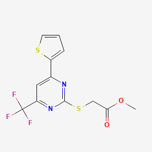 molecular formula C12H9F3N2O2S2 B2931701 Methyl 2-((4-(thiophen-2-yl)-6-(trifluoromethyl)pyrimidin-2-yl)thio)acetate CAS No. 505053-94-1