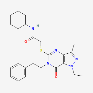 molecular formula C24H31N5O2S B2932012 N-cyclohexyl-2-{[1-ethyl-3-methyl-7-oxo-6-(2-phenylethyl)-1H,6H,7H-pyrazolo[4,3-d]pyrimidin-5-yl]sulfanyl}acetamide CAS No. 1359128-15-6