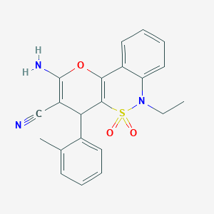 molecular formula C21H19N3O3S B2932414 4-amino-9-ethyl-6-(2-methylphenyl)-8,8-dioxo-3-oxa-8lambda6-thia-9-azatricyclo[8.4.0.0^{2,7}]tetradeca-1(14),2(7),4,10,12-pentaene-5-carbonitrile CAS No. 893291-90-2