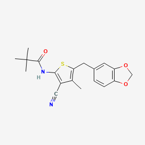 molecular formula C19H20N2O3S B2932478 N-(5-(benzo[d][1,3]dioxol-5-ylmethyl)-3-cyano-4-methylthiophen-2-yl)pivalamide CAS No. 476367-75-6