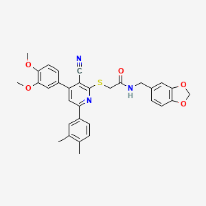 molecular formula C32H29N3O5S B2932745 N-[(2H-1,3-benzodioxol-5-yl)methyl]-2-{[3-cyano-4-(3,4-dimethoxyphenyl)-6-(3,4-dimethylphenyl)pyridin-2-yl]sulfanyl}acetamide CAS No. 690961-92-3