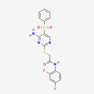 molecular formula C18H14F2N4O3S2 B2932848 2-{[4-AMINO-5-(BENZENESULFONYL)PYRIMIDIN-2-YL]SULFANYL}-N-(2,4-DIFLUOROPHENYL)ACETAMIDE CAS No. 894946-28-2