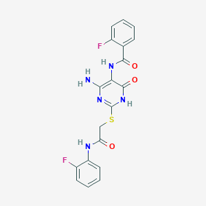molecular formula C19H15F2N5O3S B2933076 N-(4-amino-2-((2-((2-fluorophenyl)amino)-2-oxoethyl)thio)-6-oxo-1,6-dihydropyrimidin-5-yl)-2-fluorobenzamide CAS No. 888423-01-6