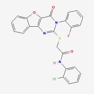 molecular formula C24H15ClFN3O3S B2933252 N-(2-chlorophenyl)-2-{[5-(2-fluorophenyl)-6-oxo-8-oxa-3,5-diazatricyclo[7.4.0.0^{2,7}]trideca-1(9),2(7),3,10,12-pentaen-4-yl]sulfanyl}acetamide CAS No. 872207-89-1