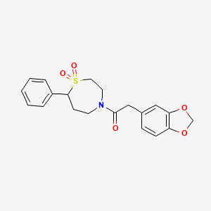 molecular formula C20H21NO5S B2933488 2-(Benzo[d][1,3]dioxol-5-yl)-1-(1,1-dioxido-7-phenyl-1,4-thiazepan-4-yl)ethanone CAS No. 2034303-67-6