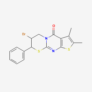 B2933500 3-bromo-7,8-dimethyl-2-phenyl-5-hydro-2H,3H,4H-1,3-thiazaperhydroino[3,2-a]thi opheno[2,3-d]pyrimidin-6-one CAS No. 880799-26-8
