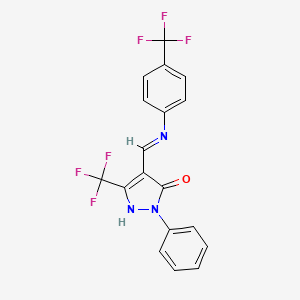 molecular formula C18H11F6N3O B2933504 2-phenyl-5-(trifluoromethyl)-4-{[4-(trifluoromethyl)anilino]methylene}-2,4-dihydro-3H-pyrazol-3-one CAS No. 477851-33-5
