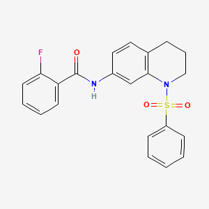 molecular formula C22H19FN2O3S B2933505 N-[1-(benzenesulfonyl)-3,4-dihydro-2H-quinolin-7-yl]-2-fluorobenzamide CAS No. 1005299-24-0