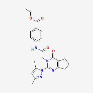 molecular formula C23H25N5O4 B2933624 ETHYL 4-{2-[2-(3,5-DIMETHYL-1H-PYRAZOL-1-YL)-4-OXO-3H,4H,5H,6H,7H-CYCLOPENTA[D]PYRIMIDIN-3-YL]ACETAMIDO}BENZOATE CAS No. 1006785-80-3