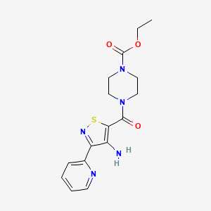 molecular formula C16H19N5O3S B2933719 Ethyl 4-[4-amino-3-(pyridin-2-yl)-1,2-thiazole-5-carbonyl]piperazine-1-carboxylate CAS No. 1251589-79-3