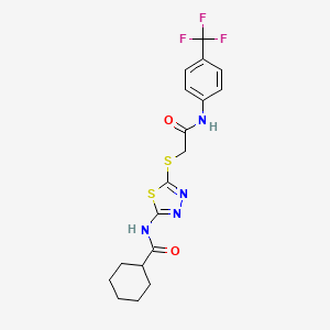 molecular formula C18H19F3N4O2S2 B2933769 N-(5-((2-oxo-2-((4-(trifluoromethyl)phenyl)amino)ethyl)thio)-1,3,4-thiadiazol-2-yl)cyclohexanecarboxamide CAS No. 868972-89-8