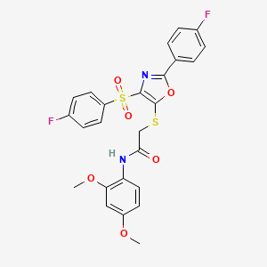 molecular formula C25H20F2N2O6S2 B2933933 N-(2,4-DIMETHOXYPHENYL)-2-{[4-(4-FLUOROBENZENESULFONYL)-2-(4-FLUOROPHENYL)-1,3-OXAZOL-5-YL]SULFANYL}ACETAMIDE CAS No. 830344-71-3