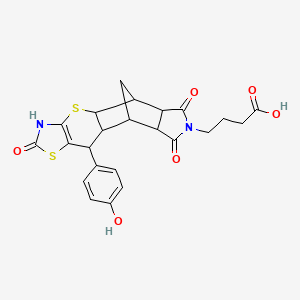 molecular formula C23H22N2O6S2 B2934010 4-[9-(4-hydroxyphenyl)-6,13,15-trioxo-3,7-dithia-5,14-diazapentacyclo[9.5.1.02,10.04,8.012,16]heptadec-4(8)-en-14-yl]butanoic acid CAS No. 1177786-09-2