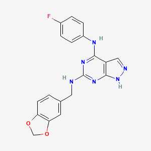 molecular formula C19H15FN6O2 B2934023 N~6~-(1,3-benzodioxol-5-ylmethyl)-N~4~-(4-fluorophenyl)-1H-pyrazolo[3,4-d]pyrimidine-4,6-diamine CAS No. 1105223-58-2