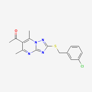 molecular formula C16H15ClN4OS B2934175 1-{2-[(3-Chlorobenzyl)thio]-5,7-dimethyl-[1,2,4]triazolo[1,5-a]pyrimidin-6-yl}ethanone CAS No. 895360-66-4
