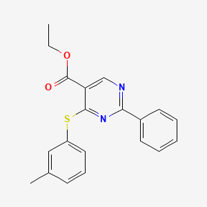 molecular formula C20H18N2O2S B2934863 Ethyl 4-[(3-methylphenyl)sulfanyl]-2-phenyl-5-pyrimidinecarboxylate CAS No. 477854-58-3