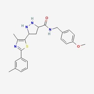 molecular formula C23H22N4O2S B2934910 N-[(4-methoxyphenyl)methyl]-5-[4-methyl-2-(3-methylphenyl)-1,3-thiazol-5-yl]pyrazolidine-3-carboxamide CAS No. 1301766-55-1