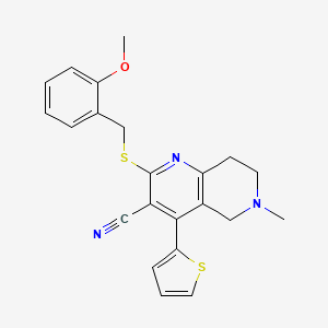molecular formula C22H21N3OS2 B2934947 2-[(2-Methoxybenzyl)sulfanyl]-6-methyl-4-(2-thienyl)-5,6,7,8-tetrahydro[1,6]naphthyridine-3-carbonitrile CAS No. 445384-90-7