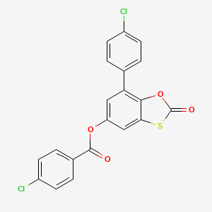 molecular formula C20H10Cl2O4S B2935021 7-(4-氯苯基)-2-氧代-1,3-苯并恶二硫醇-5-基 4-氯苯甲酸酯 CAS No. 327078-50-2