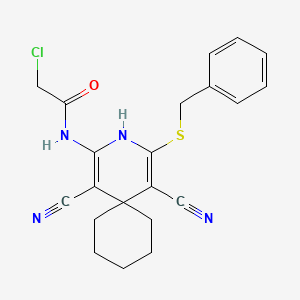 molecular formula C21H21ClN4OS B2935025 N-(4-(benzylthio)-1,5-dicyano-3-azaspiro[5.5]undeca-1,4-dien-2-yl)-2-chloroacetamide CAS No. 402954-45-4
