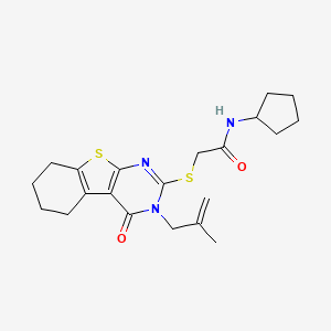 molecular formula C21H27N3O2S2 B2935071 N-cyclopentyl-2-{[4-(2-methylprop-2-en-1-yl)-3-oxo-8-thia-4,6-diazatricyclo[7.4.0.0^{2,7}]trideca-1(9),2(7),5-trien-5-yl]sulfanyl}acetamide CAS No. 878697-79-1