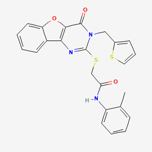 molecular formula C24H19N3O3S2 B2935144 N-(2-methylphenyl)-2-({6-oxo-5-[(thiophen-2-yl)methyl]-8-oxa-3,5-diazatricyclo[7.4.0.0^{2,7}]trideca-1(9),2(7),3,10,12-pentaen-4-yl}sulfanyl)acetamide CAS No. 899754-60-0