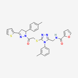 molecular formula C31H28N6O3S2 B2935178 N-{[4-(3-methylphenyl)-5-({2-[5-(4-methylphenyl)-3-(thiophen-2-yl)-4,5-dihydro-1H-pyrazol-1-yl]-2-oxoethyl}sulfanyl)-4H-1,2,4-triazol-3-yl]methyl}furan-2-carboxamide CAS No. 362506-95-4