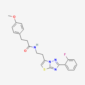 molecular formula C22H21FN4O2S B2935196 N-{2-[2-(2-fluorophenyl)-[1,2,4]triazolo[3,2-b][1,3]thiazol-6-yl]ethyl}-3-(4-methoxyphenyl)propanamide CAS No. 895789-17-0