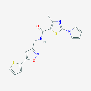 molecular formula C17H14N4O2S2 B2935359 4-methyl-2-(1H-pyrrol-1-yl)-N-((5-(thiophen-2-yl)isoxazol-3-yl)methyl)thiazole-5-carboxamide CAS No. 1207029-29-5
