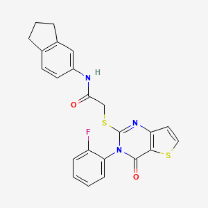 molecular formula C23H18FN3O2S2 B2935395 N-(2,3-dihydro-1H-inden-5-yl)-2-{[3-(2-fluorophenyl)-4-oxo-3,4-dihydrothieno[3,2-d]pyrimidin-2-yl]sulfanyl}acetamide CAS No. 1260923-52-1