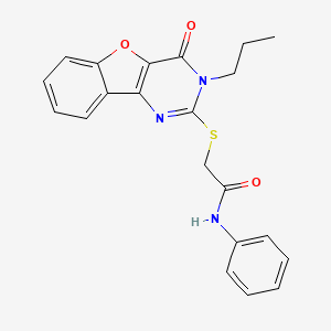 molecular formula C21H19N3O3S B2935487 2-({6-oxo-5-propyl-8-oxa-3,5-diazatricyclo[7.4.0.0^{2,7}]trideca-1(9),2(7),3,10,12-pentaen-4-yl}sulfanyl)-N-phenylacetamide CAS No. 900003-62-5