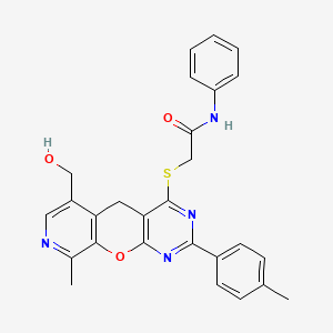 molecular formula C27H24N4O3S B2935568 2-{[11-(hydroxymethyl)-14-methyl-5-(4-methylphenyl)-2-oxa-4,6,13-triazatricyclo[8.4.0.0^{3,8}]tetradeca-1(10),3(8),4,6,11,13-hexaen-7-yl]sulfanyl}-N-phenylacetamide CAS No. 892384-46-2