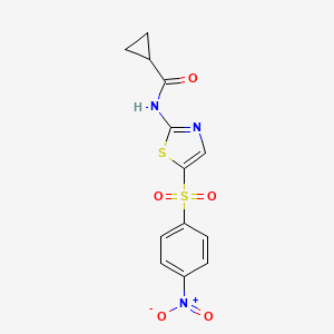 molecular formula C13H11N3O5S2 B2935573 N-(5-((4-nitrophenyl)sulfonyl)thiazol-2-yl)cyclopropanecarboxamide CAS No. 377762-64-6