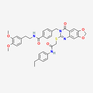 molecular formula C37H36N4O7S B2935583 N-[2-(3,4-dimethoxyphenyl)ethyl]-4-{[6-({[(4-ethylphenyl)carbamoyl]methyl}sulfanyl)-8-oxo-2H,7H,8H-[1,3]dioxolo[4,5-g]quinazolin-7-yl]methyl}benzamide CAS No. 688062-43-3