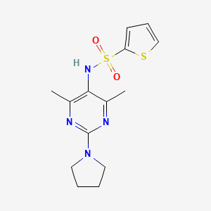 molecular formula C14H18N4O2S2 B2935853 N-(4,6-dimethyl-2-(pyrrolidin-1-yl)pyrimidin-5-yl)thiophene-2-sulfonamide CAS No. 1448133-10-5
