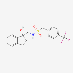 molecular formula C18H18F3NO3S B2936176 N-((1-hydroxy-2,3-dihydro-1H-inden-1-yl)methyl)-1-(4-(trifluoromethyl)phenyl)methanesulfonamide CAS No. 1396811-29-2