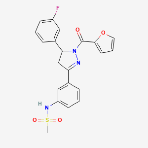 molecular formula C21H18FN3O4S B2936270 N-{3-[5-(3-fluorophenyl)-1-(furan-2-carbonyl)-4,5-dihydro-1H-pyrazol-3-yl]phenyl}methanesulfonamide CAS No. 835887-23-5