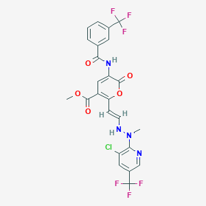 molecular formula C24H17ClF6N4O5 B2936282 methyl 2-[(E)-2-[2-[3-chloro-5-(trifluoromethyl)pyridin-2-yl]-2-methylhydrazinyl]ethenyl]-6-oxo-5-[[3-(trifluoromethyl)benzoyl]amino]pyran-3-carboxylate CAS No. 341966-28-7