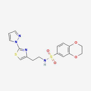 molecular formula C16H16N4O4S2 B2936509 N-(2-(2-(1H-pyrazol-1-yl)thiazol-4-yl)ethyl)-2,3-dihydrobenzo[b][1,4]dioxine-6-sulfonamide CAS No. 1448069-62-2