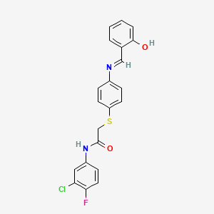 molecular formula C21H16ClFN2O2S B2936521 N-(3-chloro-4-fluorophenyl)-2-[(4-{[(2-hydroxyphenyl)methylene]amino}phenyl)sulfanyl]acetamide CAS No. 882080-08-2