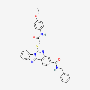 molecular formula C32H27N5O3S B2936826 N-benzyl-9-({[(4-ethoxyphenyl)carbamoyl]methyl}sulfanyl)-8,10,17-triazatetracyclo[8.7.0.0^{2,7}.0^{11,16}]heptadeca-1(17),2,4,6,8,11(16),12,14-octaene-5-carboxamide CAS No. 443670-67-5
