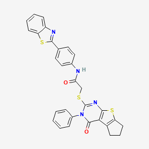 molecular formula C30H22N4O2S3 B2936925 N-(4-(benzo[d]thiazol-2-yl)phenyl)-2-((4-oxo-3-phenyl-4,5,6,7-tetrahydro-3H-cyclopenta[4,5]thieno[2,3-d]pyrimidin-2-yl)thio)acetamide CAS No. 690644-49-6