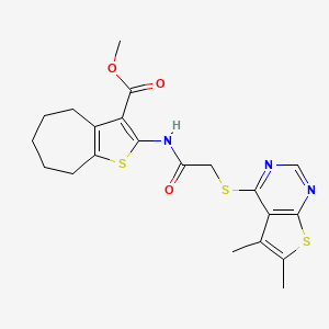 molecular formula C21H23N3O3S3 B2936955 methyl 2-(2-((5,6-dimethylthieno[2,3-d]pyrimidin-4-yl)thio)acetamido)-5,6,7,8-tetrahydro-4H-cyclohepta[b]thiophene-3-carboxylate CAS No. 379239-20-0
