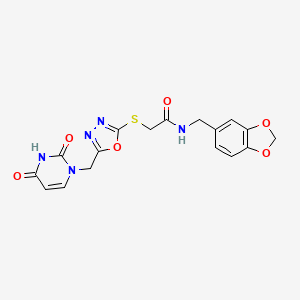 molecular formula C17H15N5O6S B2937034 N-(benzo[d][1,3]dioxol-5-ylmethyl)-2-((5-((2,4-dioxo-3,4-dihydropyrimidin-1(2H)-yl)methyl)-1,3,4-oxadiazol-2-yl)thio)acetamide CAS No. 1091461-64-1