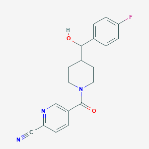 molecular formula C19H18FN3O2 B2937045 5-[4-[(4-Fluorophenyl)-hydroxymethyl]piperidine-1-carbonyl]pyridine-2-carbonitrile CAS No. 2223757-54-6