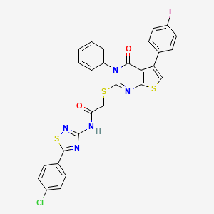 molecular formula C28H17ClFN5O2S3 B2937199 N-[5-(4-chlorophenyl)-1,2,4-thiadiazol-3-yl]-2-{[5-(4-fluorophenyl)-4-oxo-3-phenyl-3H,4H-thieno[2,3-d]pyrimidin-2-yl]sulfanyl}acetamide CAS No. 690642-89-8