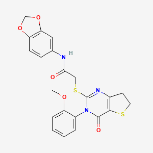 molecular formula C22H19N3O5S2 B2937265 N-(1,3-benzodioxol-5-yl)-2-[[3-(2-methoxyphenyl)-4-oxo-6,7-dihydrothieno[3,2-d]pyrimidin-2-yl]sulfanyl]acetamide CAS No. 686772-14-5