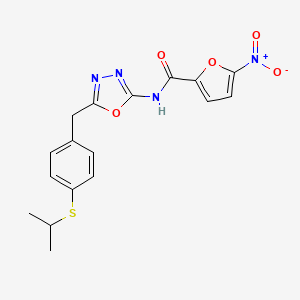 molecular formula C17H16N4O5S B2937875 N-(5-(4-(isopropylthio)benzyl)-1,3,4-oxadiazol-2-yl)-5-nitrofuran-2-carboxamide CAS No. 1211232-97-1