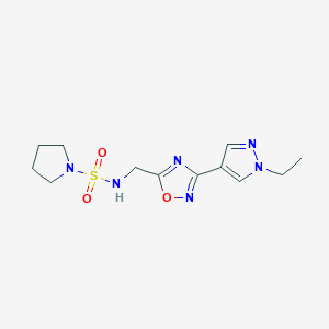 molecular formula C12H18N6O3S B2937993 N-((3-(1-ethyl-1H-pyrazol-4-yl)-1,2,4-oxadiazol-5-yl)methyl)pyrrolidine-1-sulfonamide CAS No. 2034516-97-5